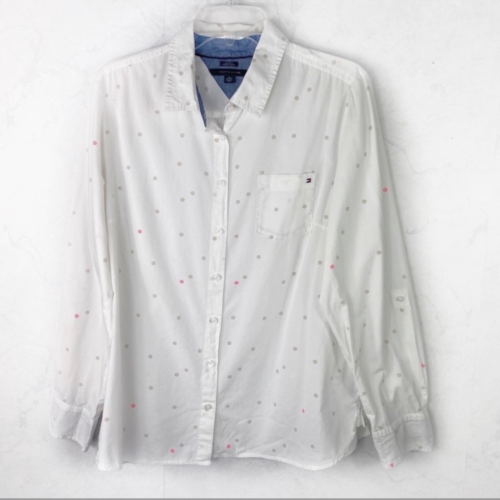 Tommy Hilfiger White Button-Down Shirt with Pink and Gray Dots